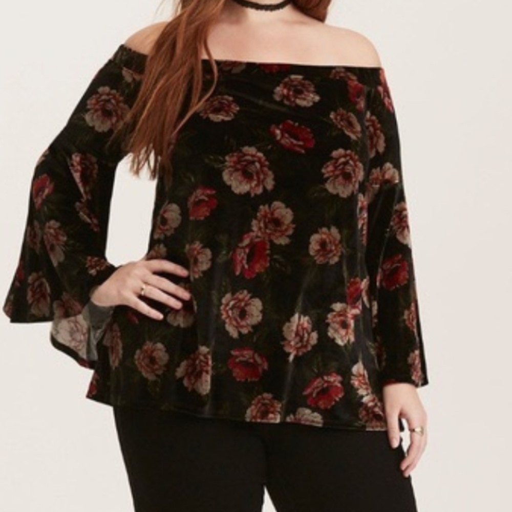 Torrid Floral Velvet Off Shoulder Bell Sleeve Top